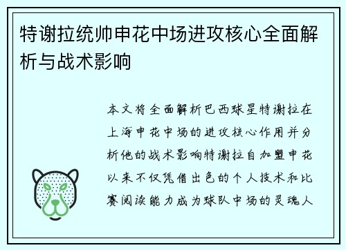 特谢拉统帅申花中场进攻核心全面解析与战术影响 特谢拉统帅申花中场进攻核心全面解析与战术影响